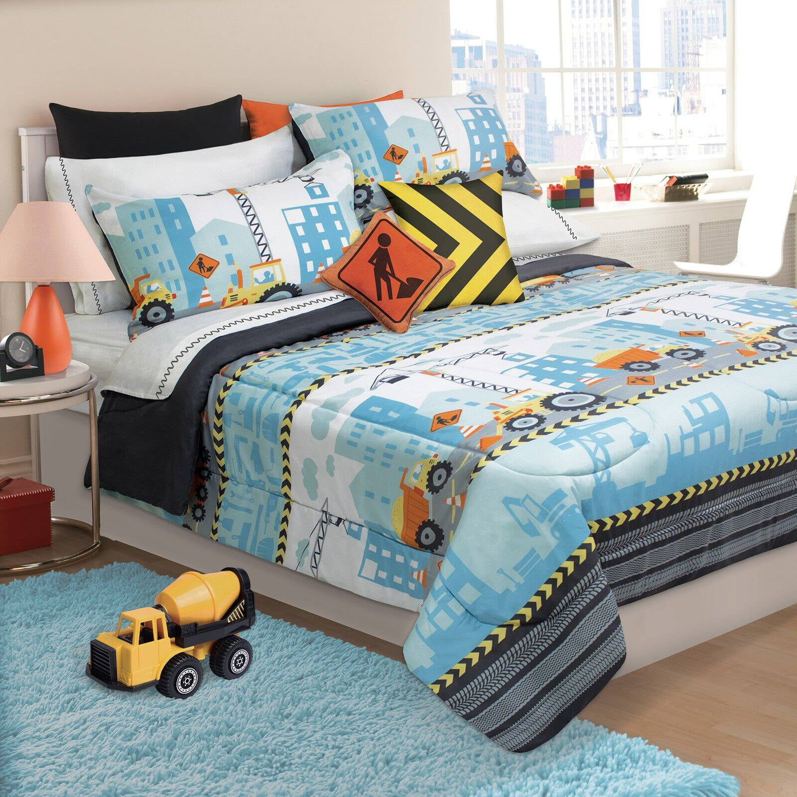 Ambesonne Construction Duvet Cover Set Queen Size Teal Orange Style Vehicles and Heavy Equipment Forklift Earthmover Excavator Mixer Decorative 3 Piece Bedding Set with 2 Pillow Shams