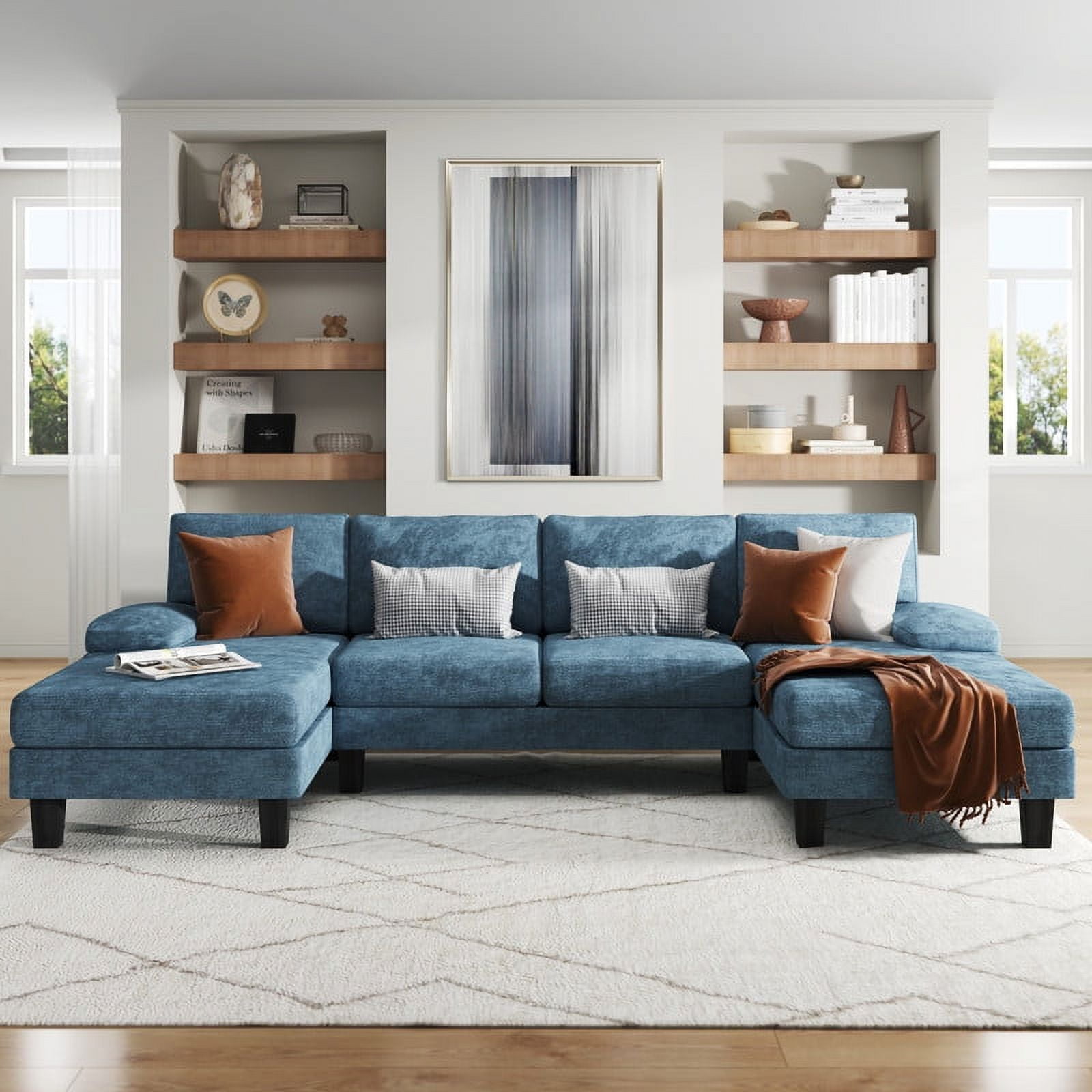 Homall 105"  Modern U-Shape Sectional Sofa, Chenille Fabric Modular Couch, 4 Seat Oversized Sofa with Chaise for Living Room, Blue