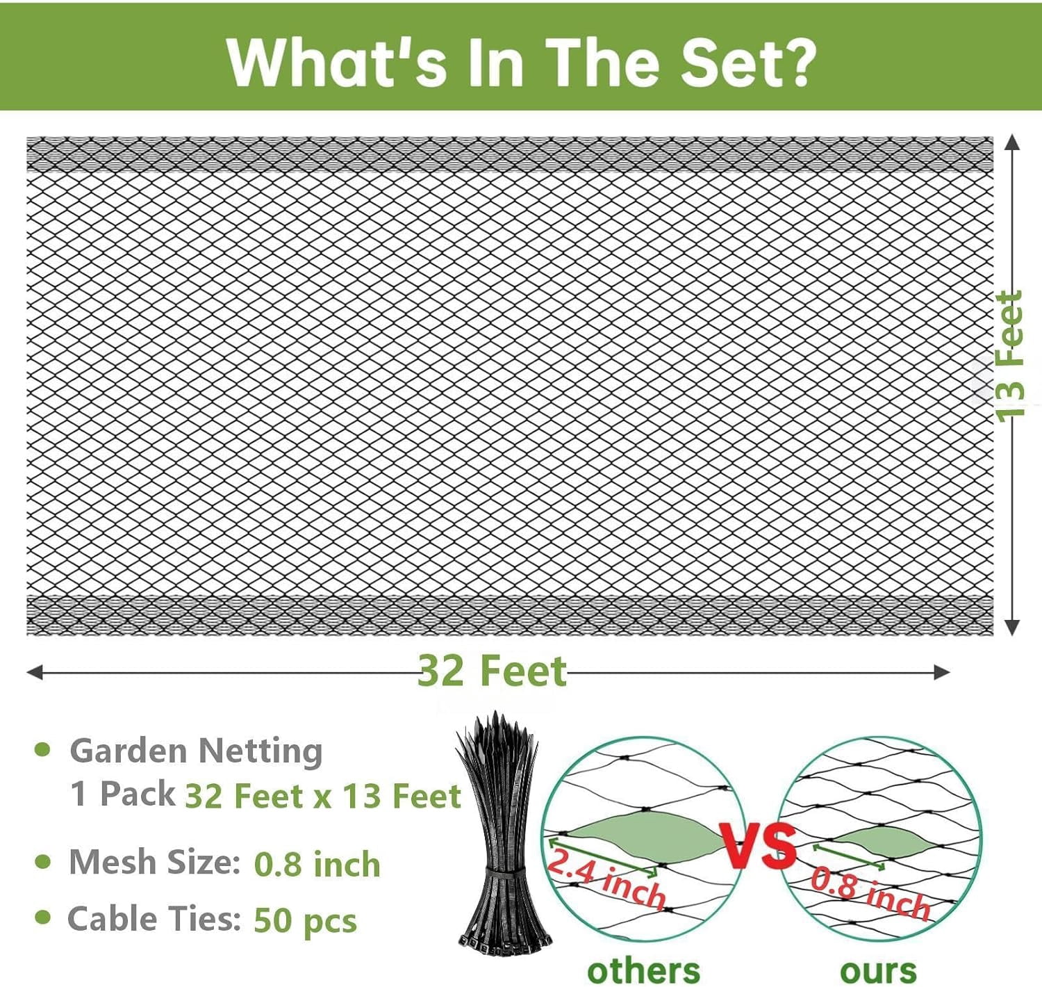 Bird Netting for Garden, 13x32FT 0.8" Mesh Netting for Garden Protection, Fruit Tree Netting Bird Netting for Fruit Trees, Deer Netting Deer Fence for Garden, Black w/50 Cable Ties