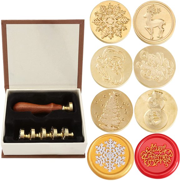 Christmas Wax Seal Stamp Set, Yoption 6 Pieces Sealing Wax Stamps Copper Seals + 1 Piece Wooden Hilt Vintage Retro Classical Initial Sealing Wax Stamp Kit (Merry Christmas Suit)