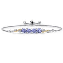 Gem Stone King 925 Silver and 10K Yellow Gold Blue Tanzanite and White Lab Grown Diamond Bracelet for Women | 1.86 Cttw | Gemstone December Birthstone | Round 5MM | Fully Adjustable 9 inch