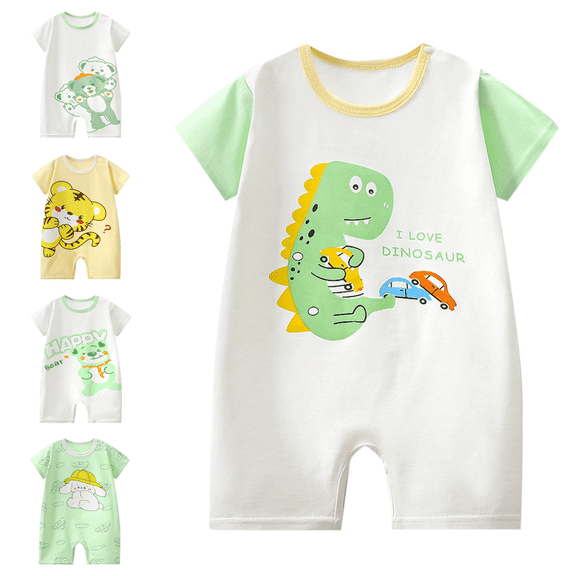 Lovzfmll Toddler's Cartoon Print Short Sleeve Romper, Cotton Snap Crotch Jumpsuit for Little Boys & Girls, Summer Sleep Outfits for 3-6 Months