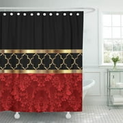 SUTTOM Lattice Elegant Red Black Gold Quatrefoil Geometric Moroccan Contemporary Shower Curtain 66x72 inch