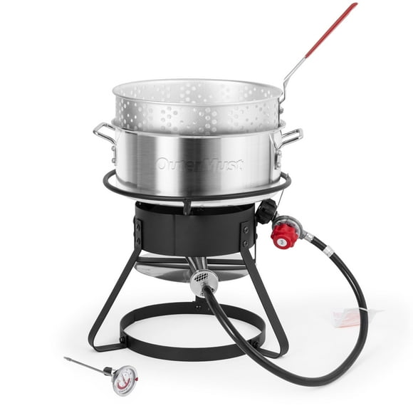 OuterMust Fish Fryer Pot and Basket, 58,000 BTU 11 Qt. Aluminum Outdoor Deep Fry Pot with Basket and 5 Inches Thermometer for Frying Fish, French Fries