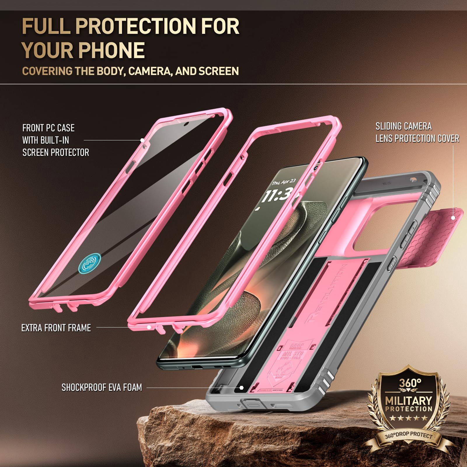 Poetic Revolution Case for Moto Edge 2025 [Not for 2024 Version], [Slide Camera Cover], Full-Body Military Grade Case with Kickstand and Built-in-Screen Protector, Pink