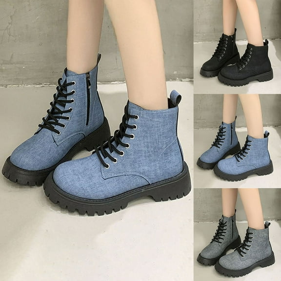 Womens Boots Thick Heel Round Toe Lace Up Side Zipper Mid-Calf Boots Women Casual Versatile Winter Shoes Black 6