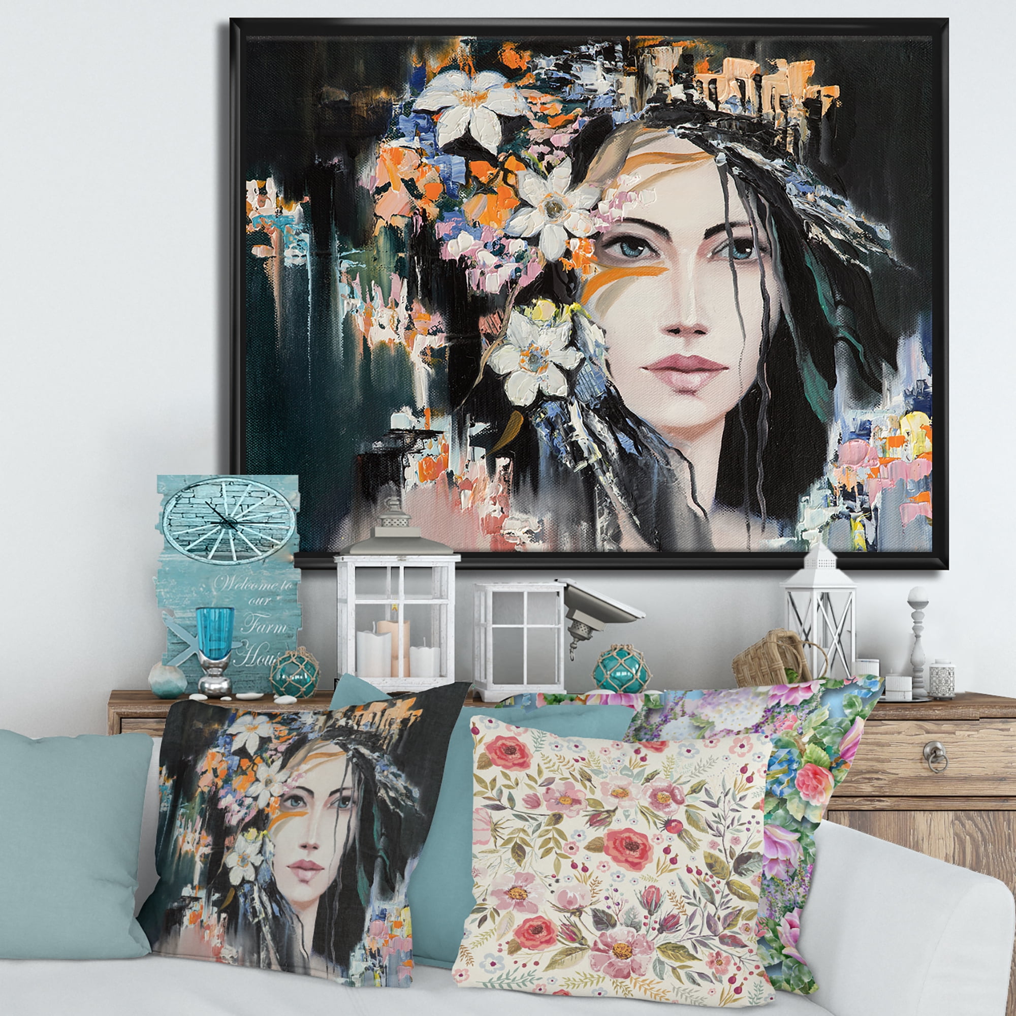 Designart 'Portrait Of A Young Woman With Flowers I' Modern Framed Canvas Wall Art Print