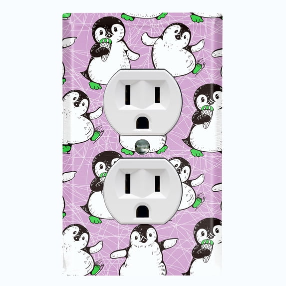 Metal Light Switch Plate Cover Cute Penguins Ice Skating Purple BRD003