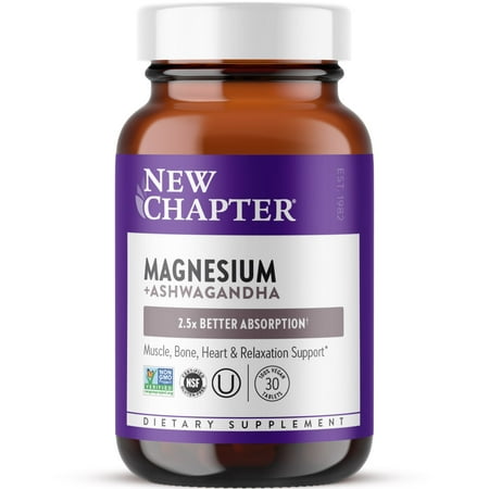 New Chapter Magnesium + Ashwagandha Supplement for Muscle Recovery, Heart & Bone Health, Calm & Relaxation, 30 Vegan Tabs