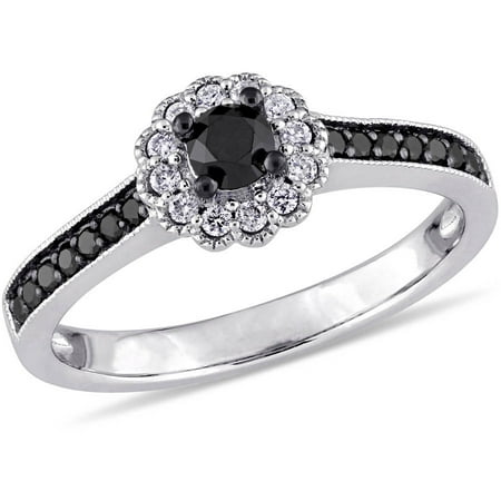 1/2 Carat Blackt and White T.W. Diamond 14kt White Gold Floral Halo Engagement Ring