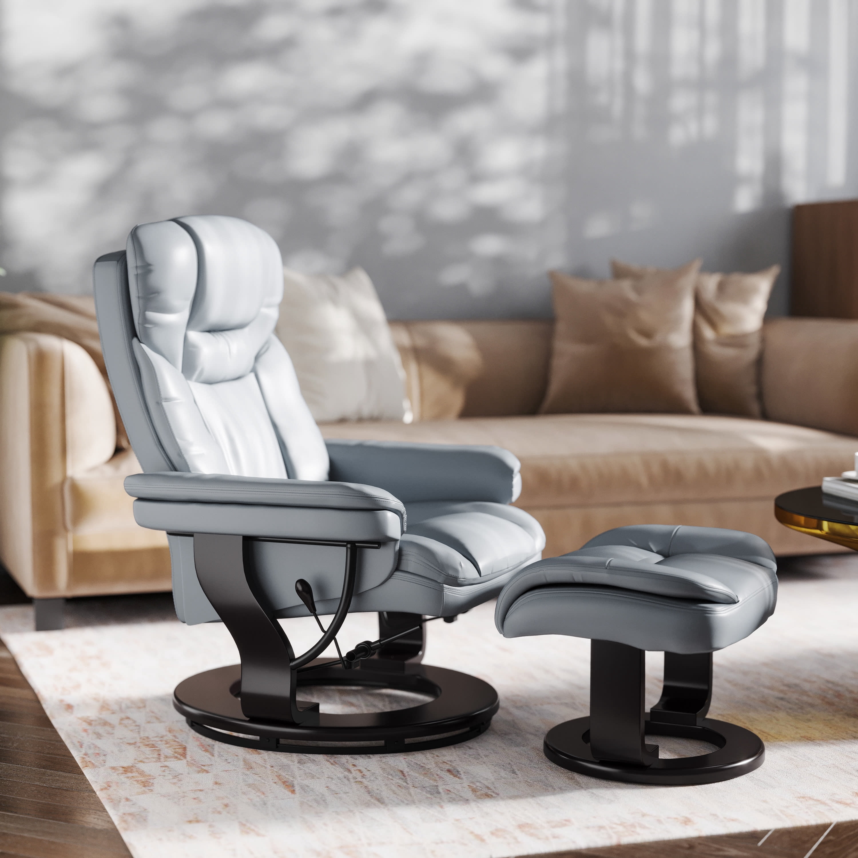 Emma + Oliver Recliner Chair with Ottoman | Gray Faux Leather Swivel Recliner Chair with Ottoman Footrest