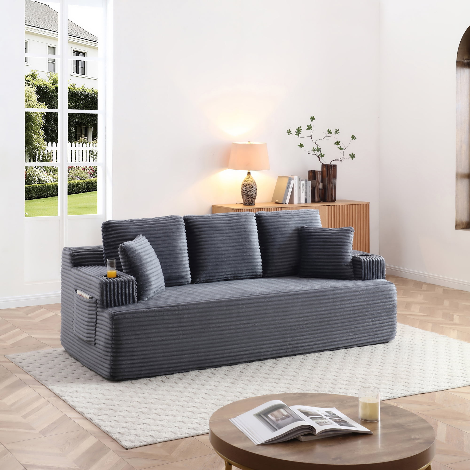Miniyam 3-Seater Cloud Couch, Classic Corduroy Sofa with Side Pockets for Easy Living, No Assembly Required, Fits Most Living Rooms (Grey)