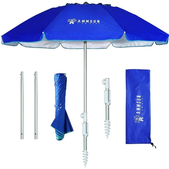 AMMSUN 6.5ft Twice Folded Portable Travel Beach Umbrella with Sand Anchor UPF50  Protection,Blue