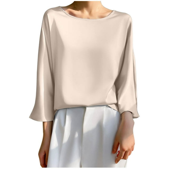 Timegard Hauts pour Femmes en Satin Manches 3/4 Col Rond Lissant T-Shirts Unis Décontractés Amples