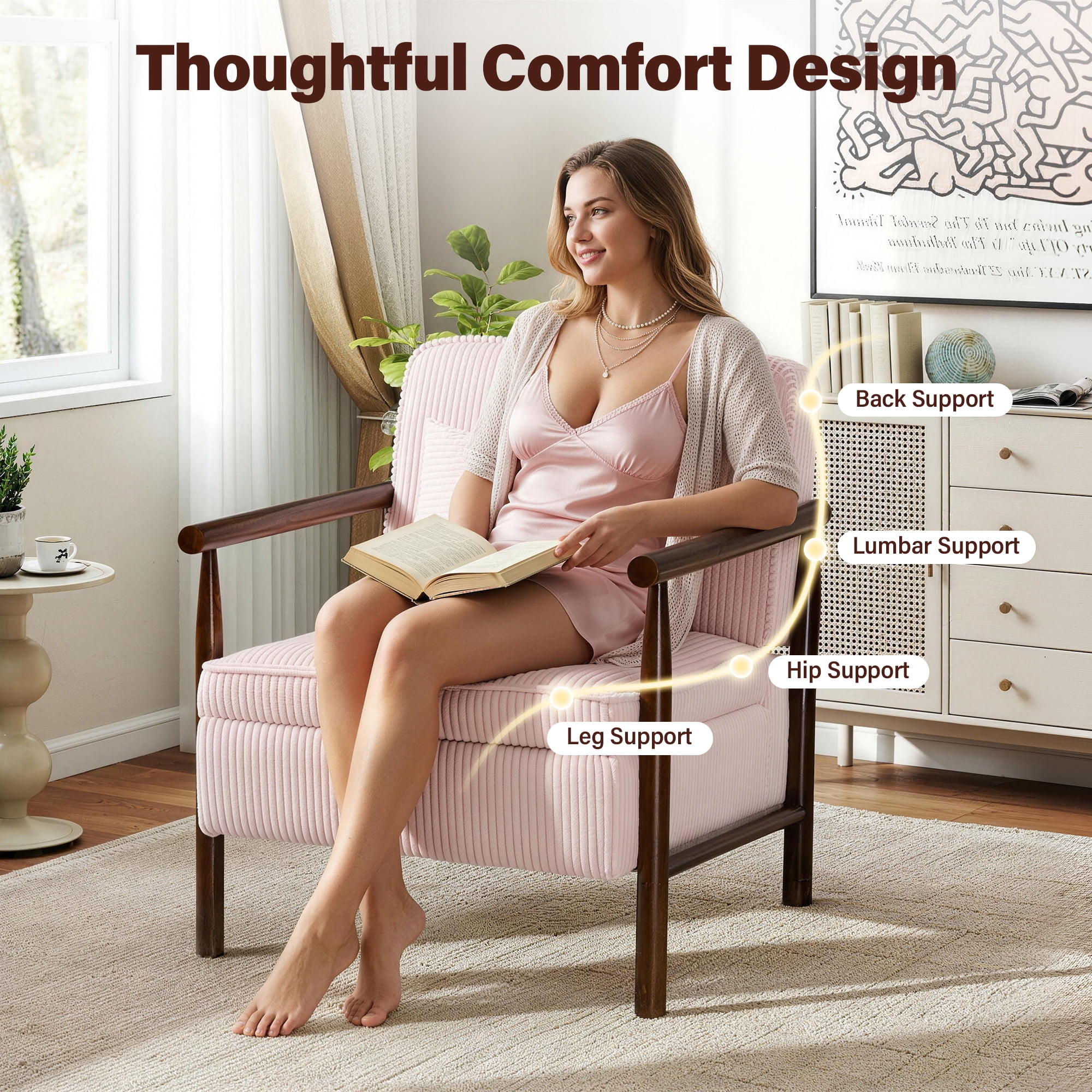 Aukfa Upholstered Accent Chair with Storage Seat & Waist Cushion, High-Density Lounge Armchair for Living Room Bedroom,Pink