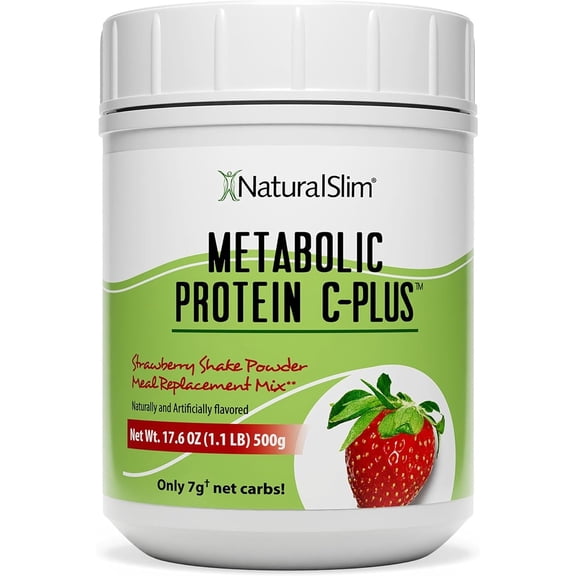 NaturalSlim Metabolic Protein C-Plus Whey Protein Powder & Shake Meal Replacement w/Vitamin C, L-Glutamine & Digestive Enzymes, Low Carb, Supports Metabolism, Energy & Gut Health, 1.1lb Strawberry