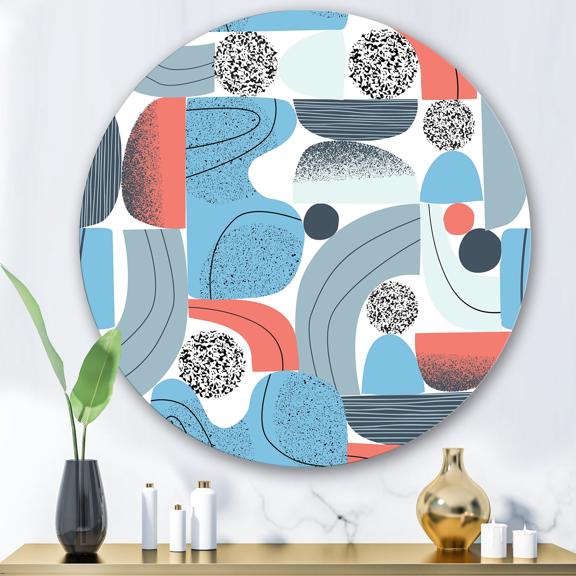 Designart 'Retro Shapes With Abstract Moons and Suns II' Modern Circle Metal Wall Art 36x36 - Disc of 36