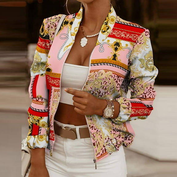 Dihao Women Business Attire Printed Long Sleeve Cardigan Zip Up Suit Coat Top Jacket Cardigan for Women