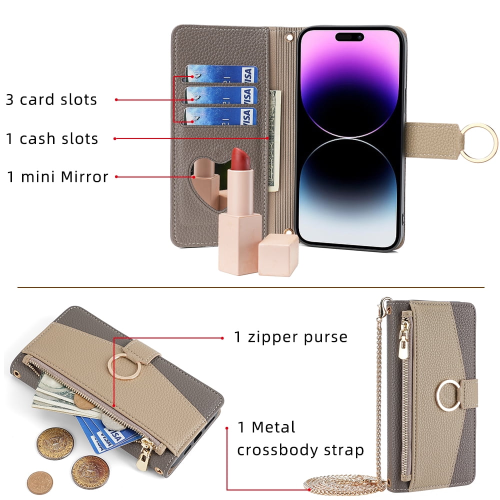 TECH CIRCLE For Samsung Galaxy A42 5G Wallet Case,PU Leather Flip Folio Stand Card Holder Zipper Ring Magnetic Protective Phone Case with Lanyard Strap Women Case for Galaxy A42 5G 6.6" 2021,Gray