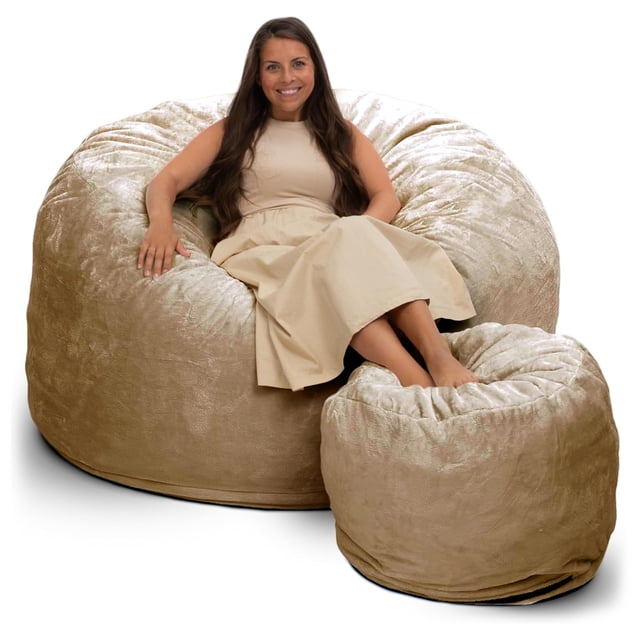 Ultimate Sack 6ft Bean Bag Chair and Footstool, Oversized Lounger, Camel Fur