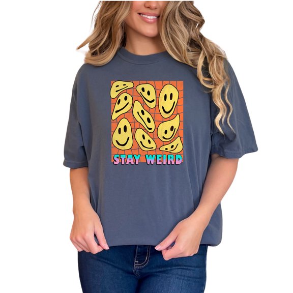 Stay Weird, Retro Wavy Smiling Faces Art Merch, Denim Comfort Colors T-Shirt, Small