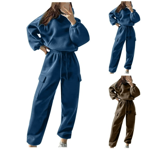 Wlynlyn Sweatsuits for Women Crewneck Sweatshirts Drawstring Cargo Joggers Casual Solid Color Sweatpants Sets Tracksuits