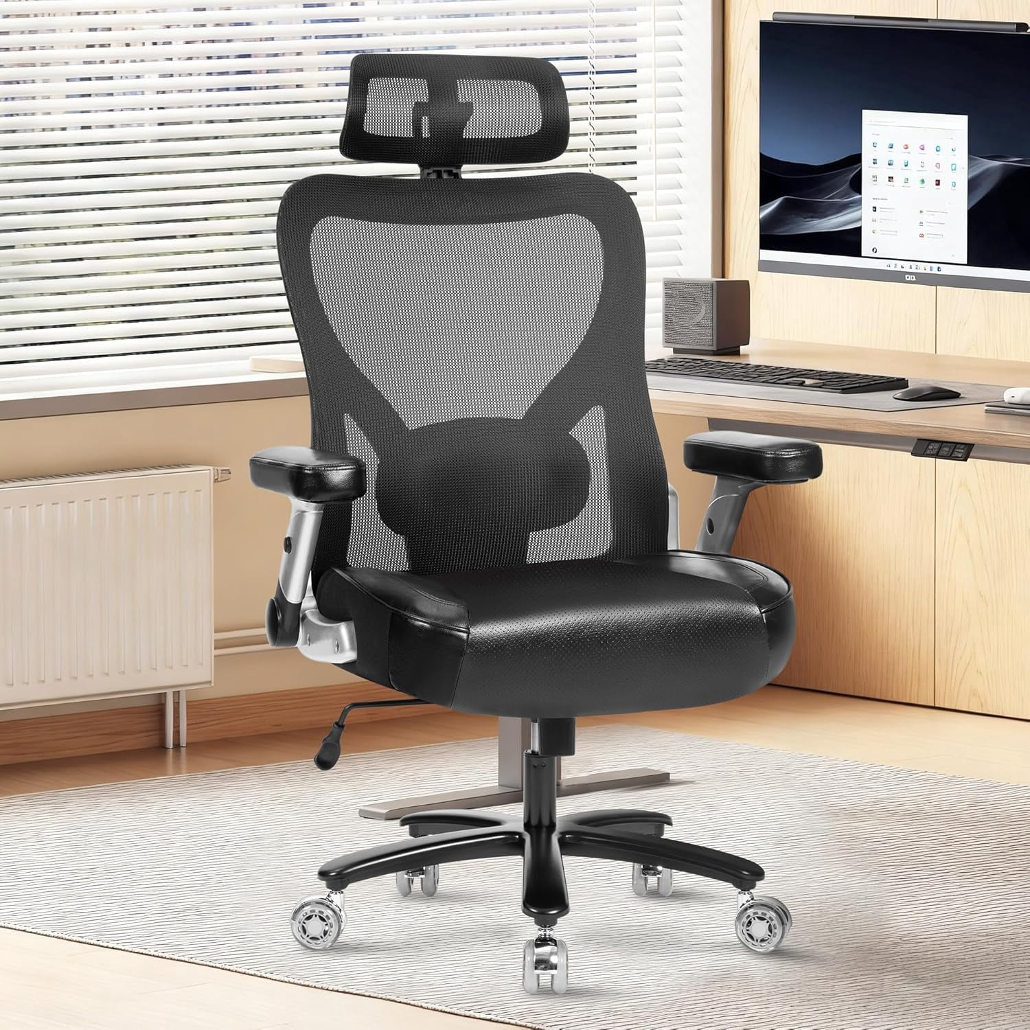 Super Big and Tall Office Chair 700lbs- Heavy Duty Executive Computer Chair with Rubber Wheels 3D Flip Arms, Ergonomic Mesh High Back Desk Chair, Extra Wide Seat Adjustable Lumbar Support&Headrest