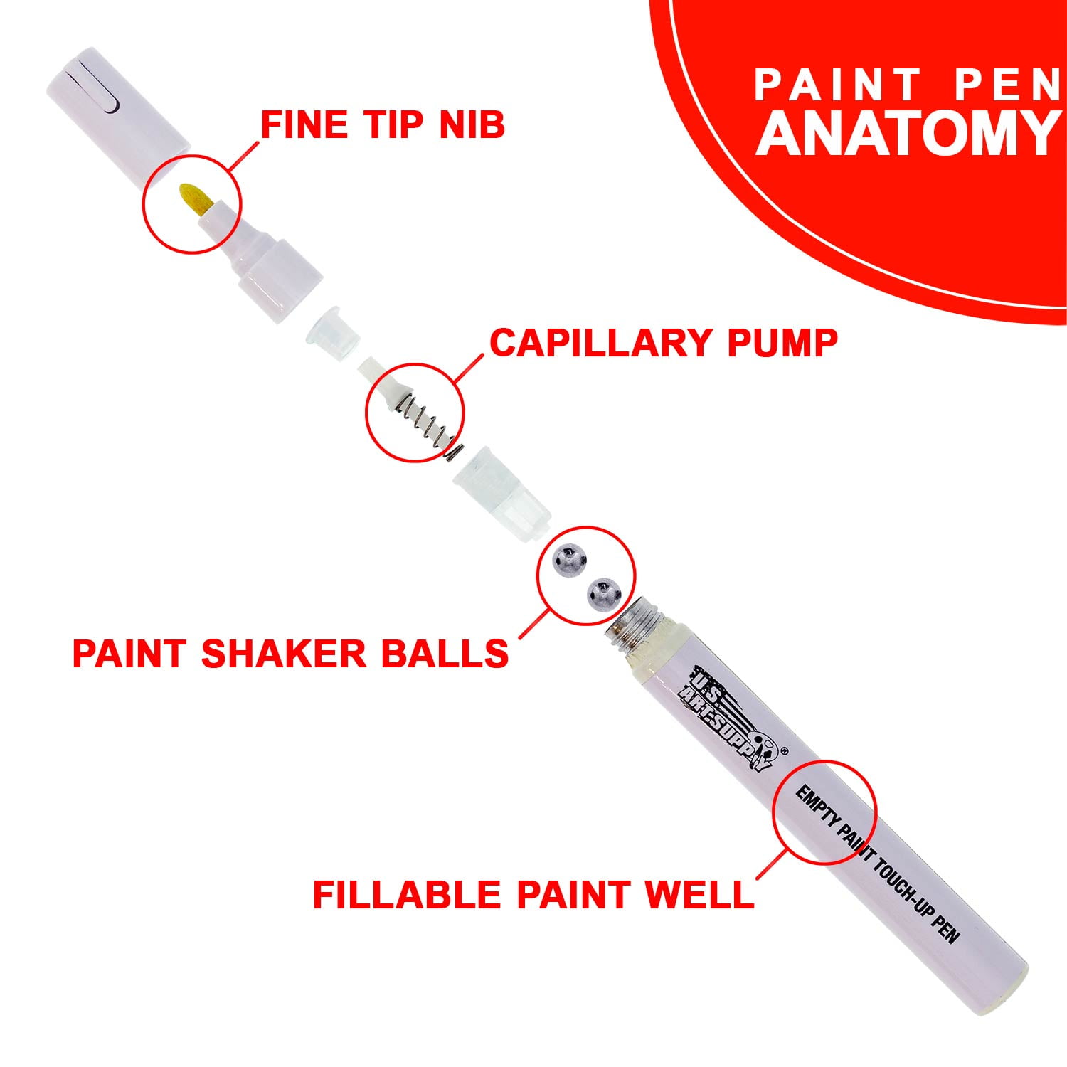 U.S. Art Supply Empty Paint Touch-Up Marker Pen Blank - Aluminum Body Fillable 4.5mm tip (Pack of 72)