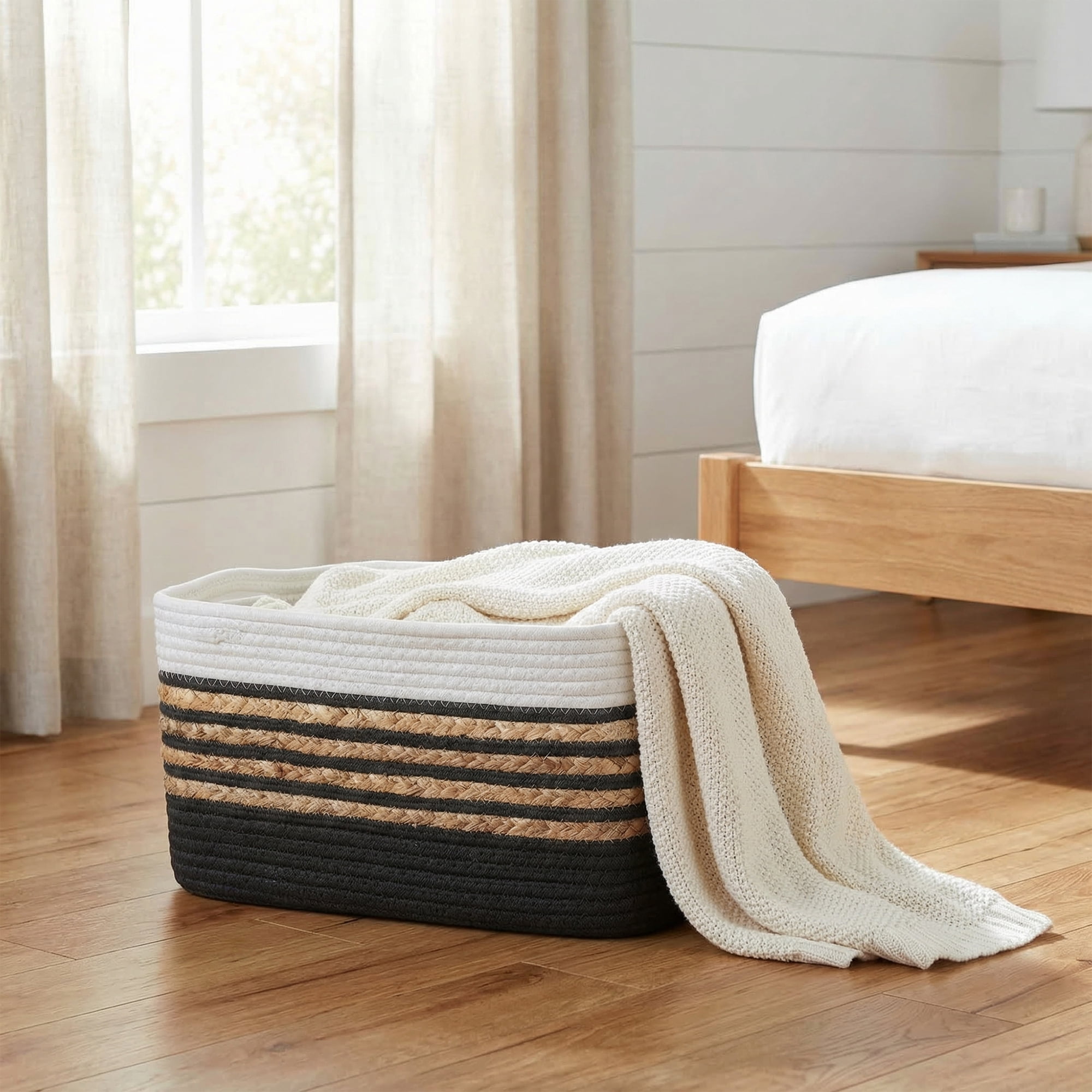 Unique Bargains Woven Storage Basket Storage Bin Black White 18.9*11*9.1in