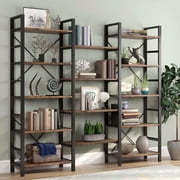 TribeSigns Triple Wide 5-Shelf Bookcase, Etagere Large Open Bookshelf Vintage Industrial Style Shelves Wood and Metal Bookcases Furniture for Home & Office