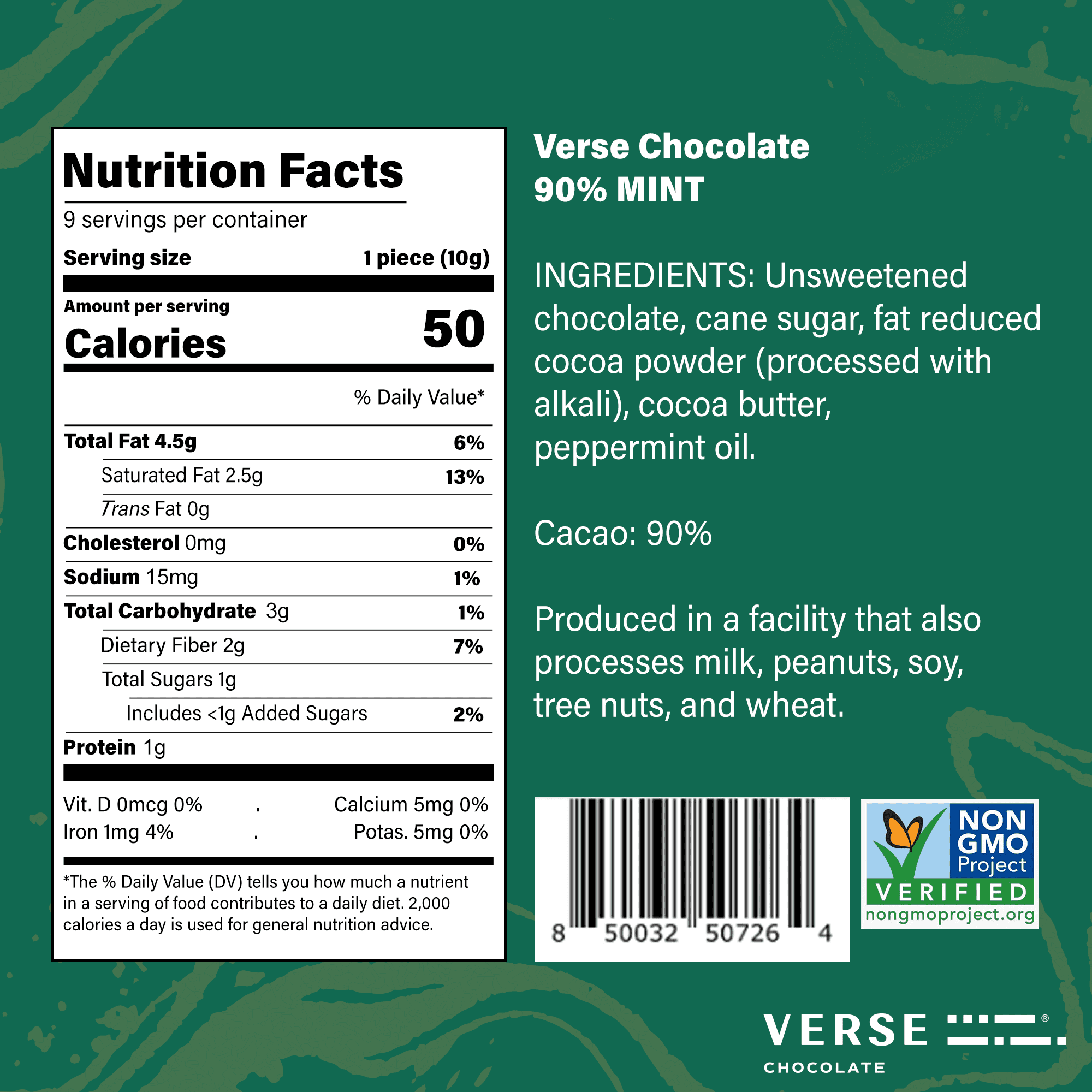 Verse 90% Dark Chocolate Mint Squares - Gluten Free, Keto Low Sugar Snack - Creamy Dark Cocoa - Only 1g Cane Sugar - Vegan Dark Fine Chocolates Squares - Individually Wrapped Chocolates (30 Count)