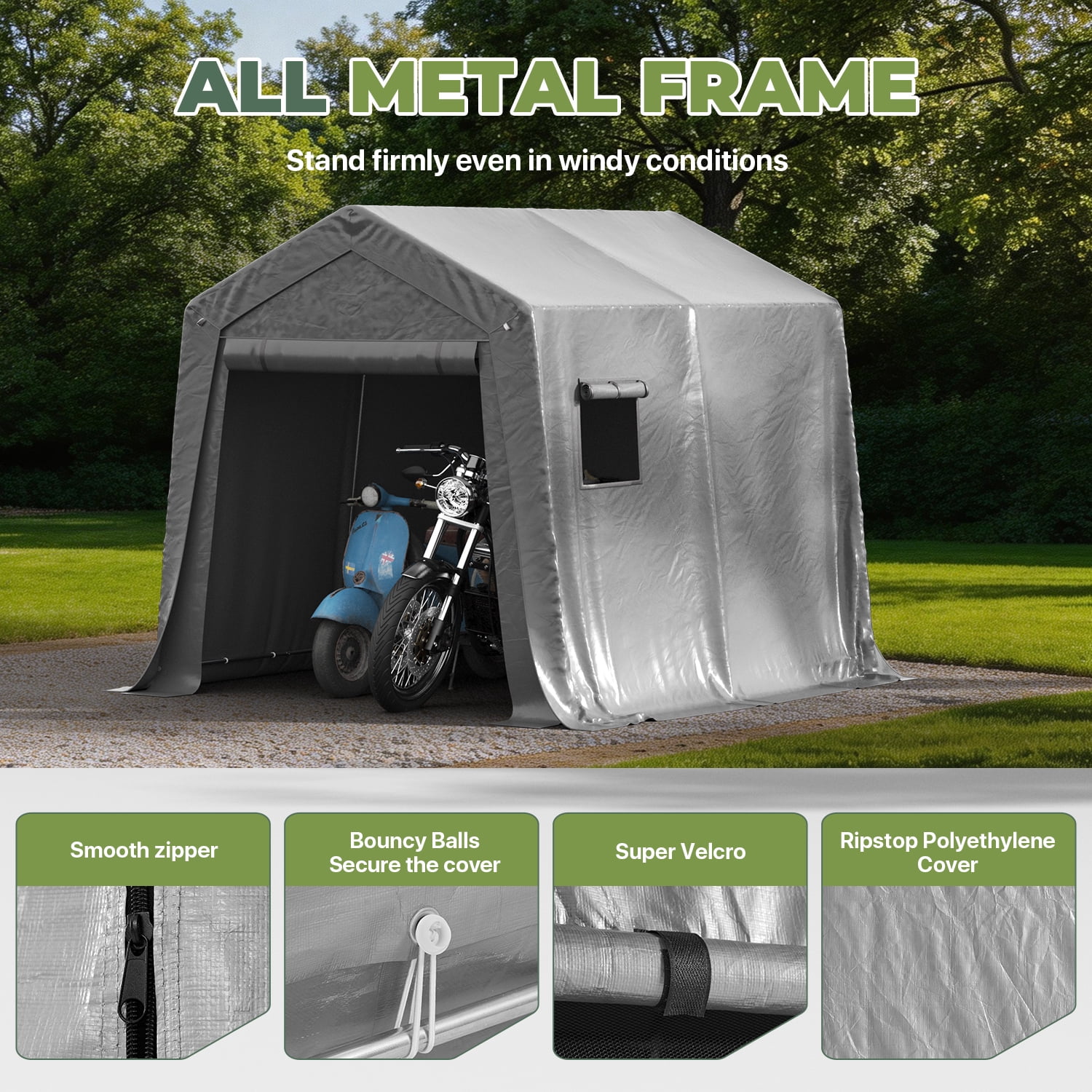 BaPiPro 10x10FT Grey Gable Top Carport, Multifunctional Outdoor Storage Shelter with All-Weather Metal Frame for Patio Vehicle Parking & Outdoor Gear Storage