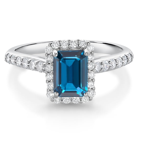 Gem Stone King 10K White Gold London Blue Topaz and White Lab Grown Diamond Halo Engagement Wedding Ring for Women (1.48 Cttw, Emerald Cut 7X5MM, Size 8)
