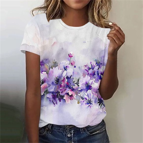 UPPADA du Jour Aujourd'hui Haut à Manches Courtes Imprimé Floral Col Rond Décontracté pour Femmes Haut/chemise à Manches Courtes Col Rond Sensibilisation à la Maladie d'Alzheimer Jeunes