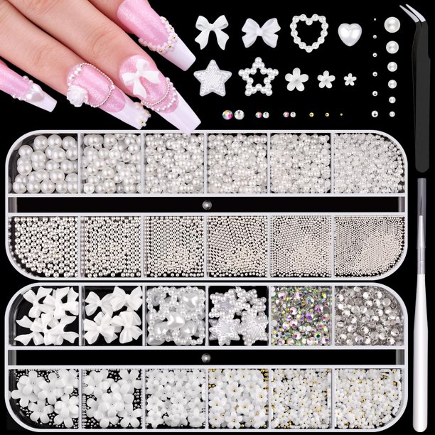 Perlas planas y cuentas de metal para uñas (oro plateado) con flores 3D, diamantes de imitación para uñas, cuentas de caviar, lazos, flores, corazones, estrellas, perlas para decoración de manicura