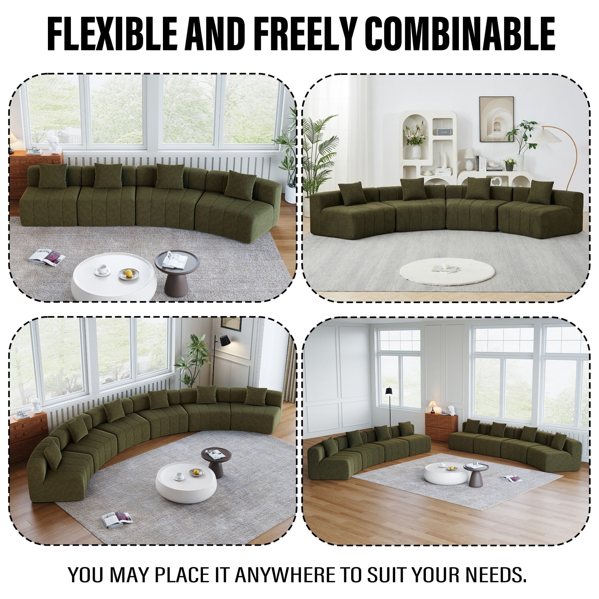 Sailvan Chenille Semi Circular Sofa Sectional, Curved Symmetrical Modular Couch with 2 Pillows for Living Room, Office, No Assembly Required Green