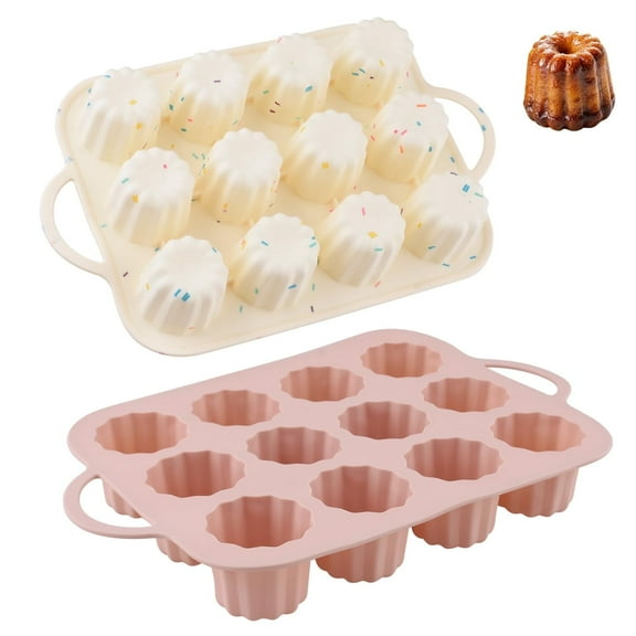DIY.STORE 2 Pcs Cannelés Cake Silicone Mold, 12 Cavity Canele Mold Cake Pan, Slicone Canele Baking Pan for Making French Custard Cannoli Tubes Cake(Pink Yellow)
