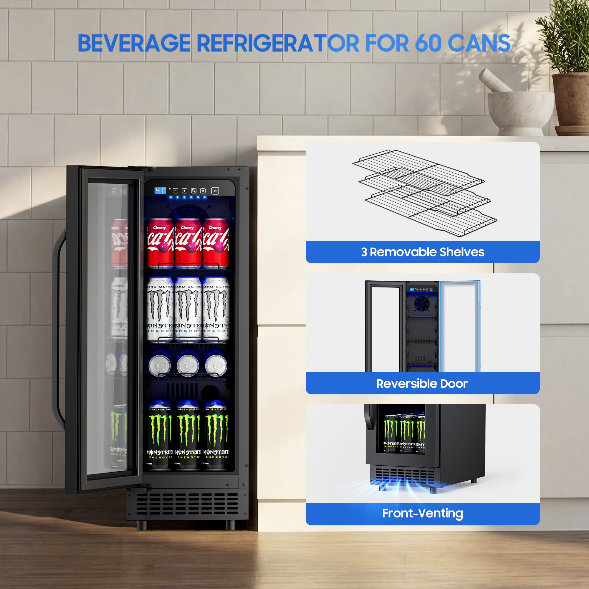 AVAHUM 12 Inch 60-Can Under Counter Beverage Refrigerator, Slim Built-In or Freestanding Drink Cooler, Stainless Steel
