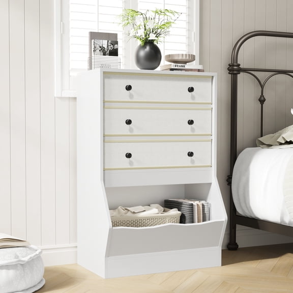 DIYART 3 Drawer Fabric Storage Dresser, Small Dresser with PU & Fabric Drawers and Open Cube for Bedroom and Closet, White