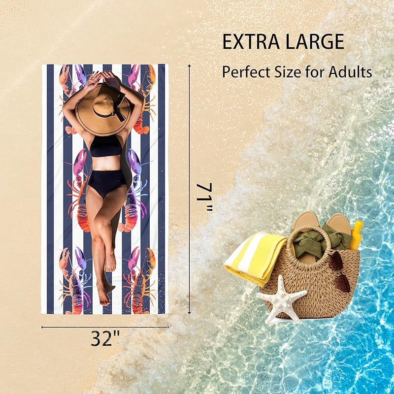 Pink Purple Crayfish Oversized Sand Free Beach Towel 71x36IN Lightweight Quick Dry Terry Towel For Travel, Swimming, Pool, And Camping, Absorbent And Compact Beach Essential For Women Men