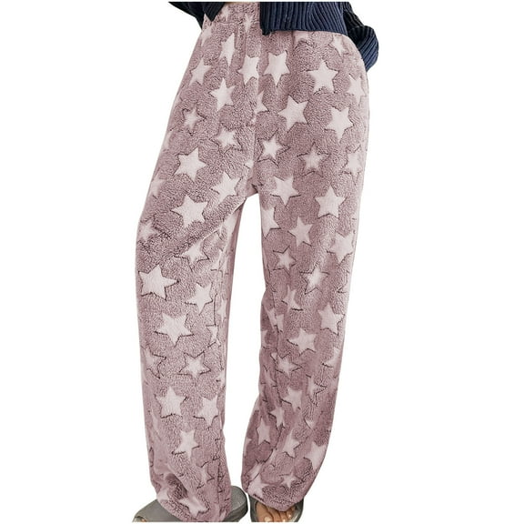 Cavosen Womens Straight Leg Pants Fuzzy Fleece Full Length Elastic Waist Pants Star Print Causual Pants