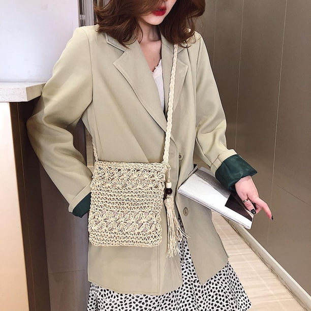 Bolsos de hombro con borlas de color sólido Bolsos de mensajero tejidos para mujer (Beige)