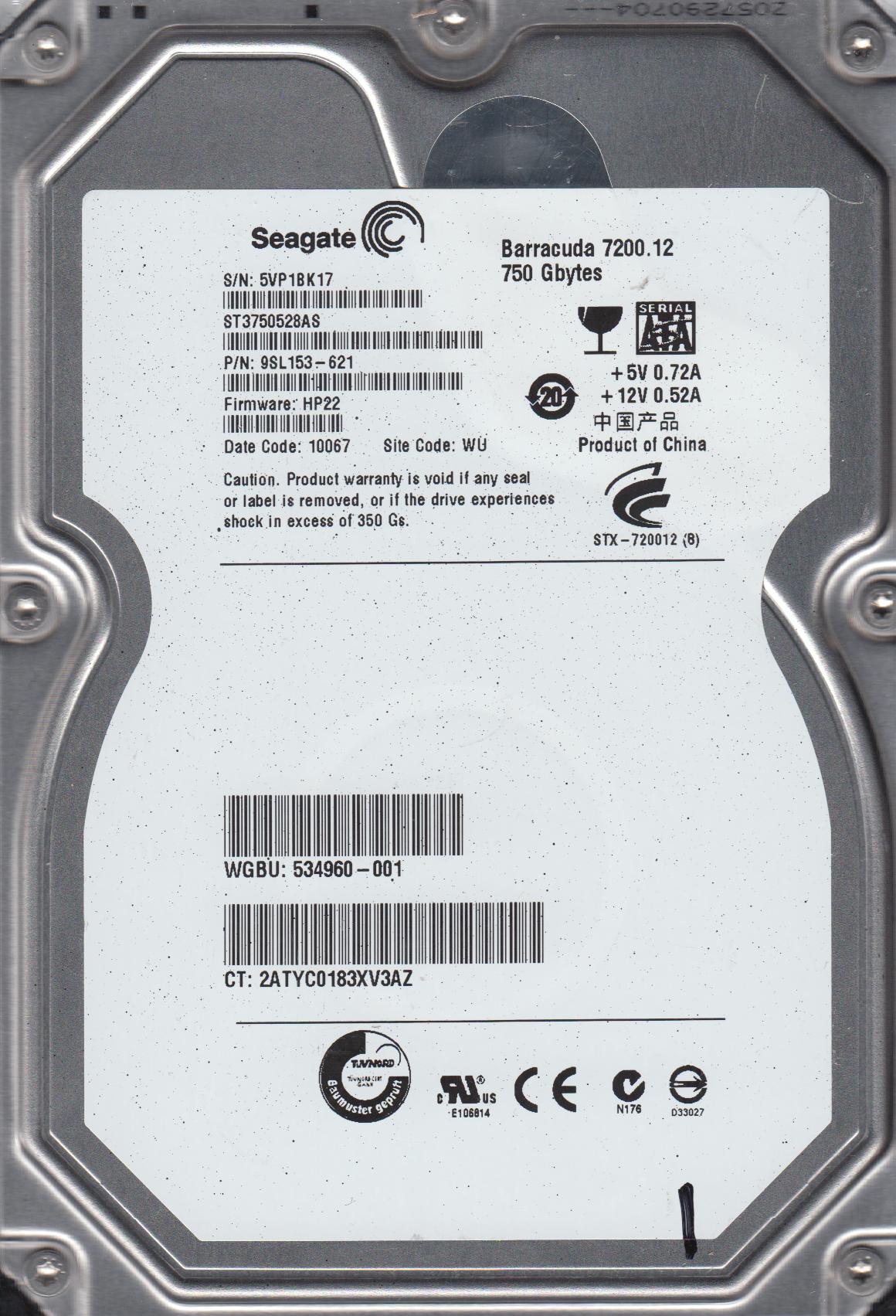 ST3750528AS, 5VP, WU, PN 9SL153-621, FW HP22, Seagate 750GB SATA 3.5 ...