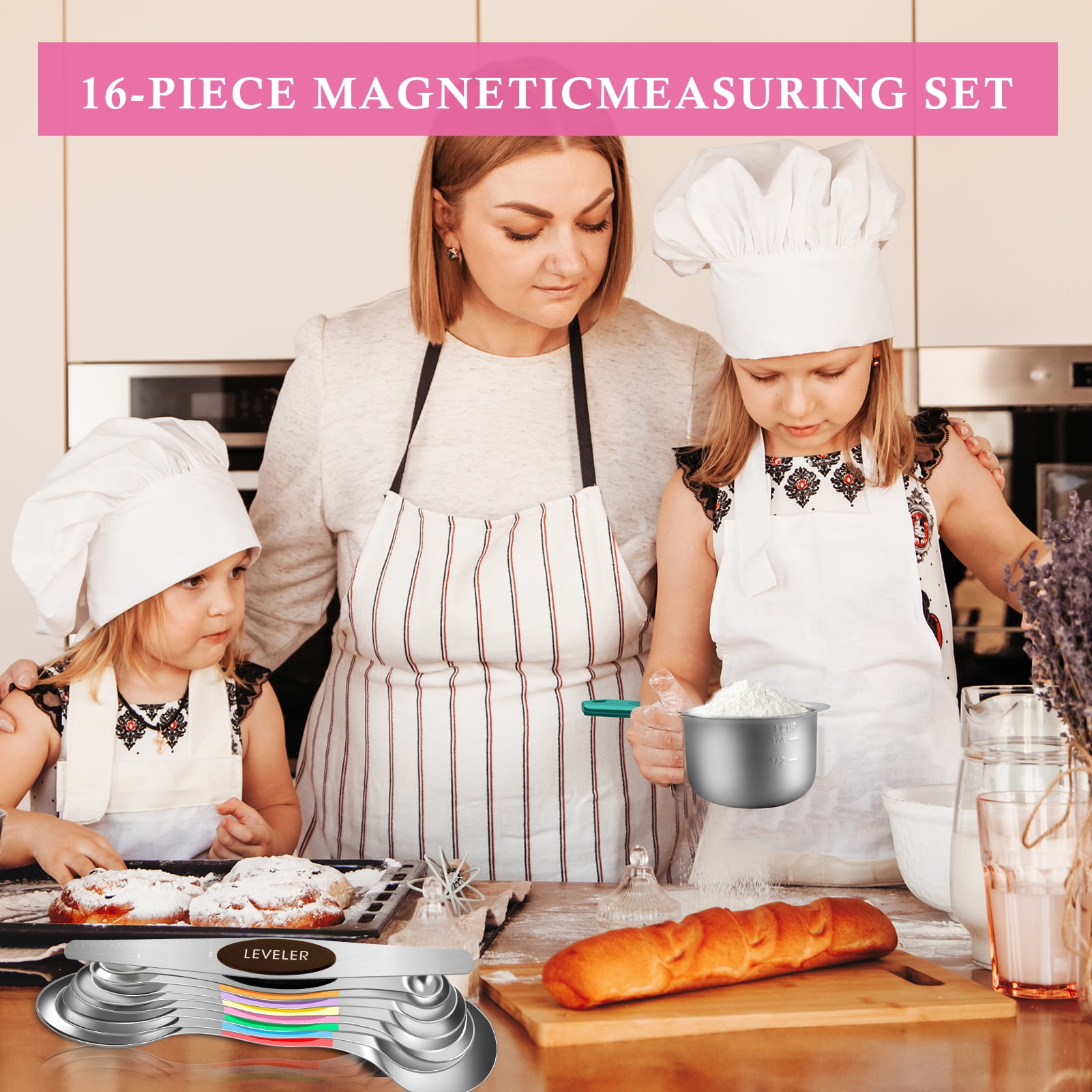 Godance Magnetic Measuring Cups and Spoons Set Including 7 Stainless Steel Stackable Measuring Cup 8 Double Sided Magnetic Measuring Spoons with 1 Leveler for Dry and Liquid Ingredients(Multicolor)
