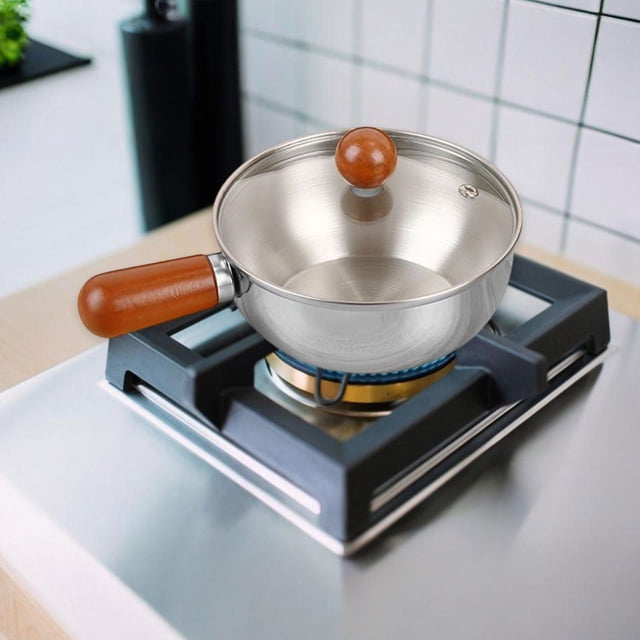 Olla para leche, cacerola de acero inoxidable portátil para hervir, utensilios de cocina con mango de madera, olla para sopa, calentador de L con tapa