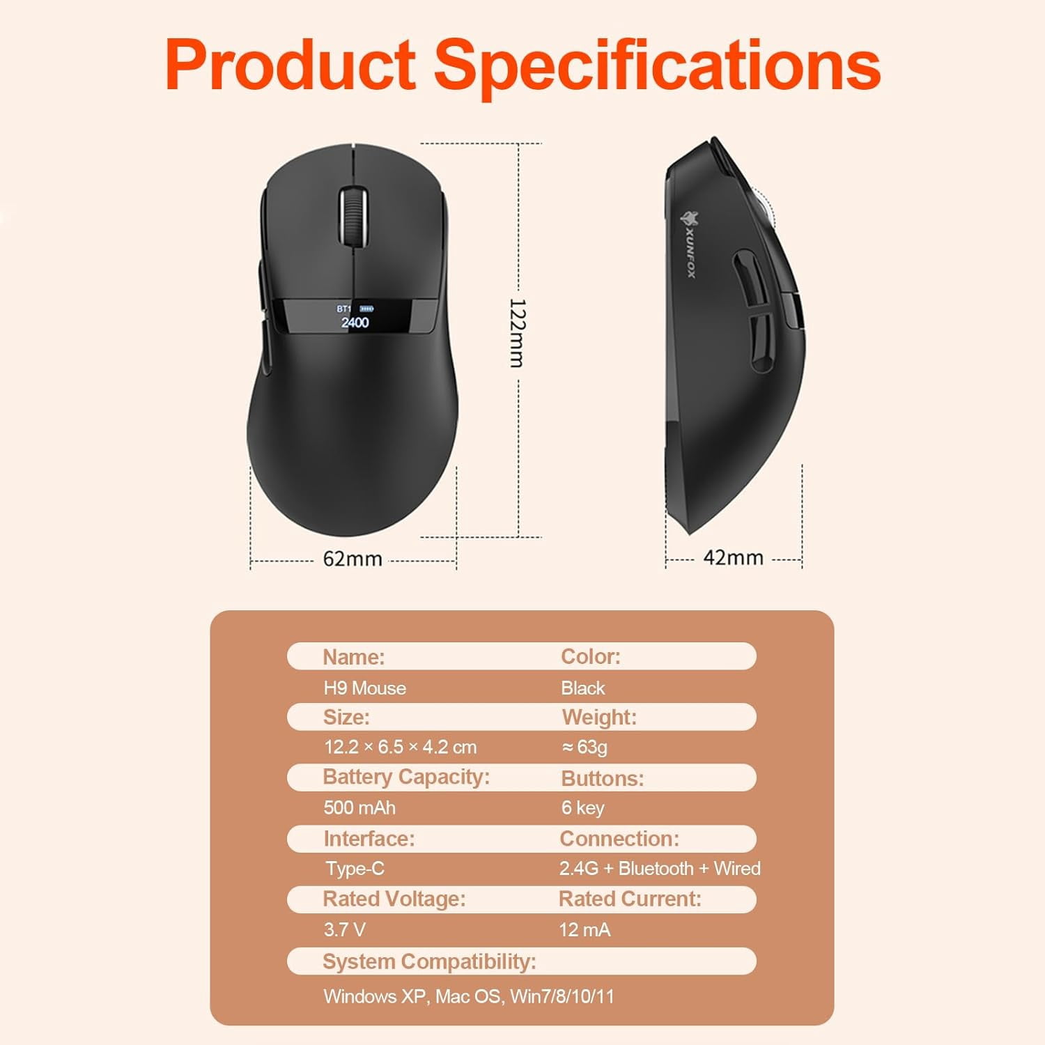 Ultra-Lightweight Wireless Gaming Mouse, Tri-Mode 2.4G/Bluetooth 5.3/USB-C, PAW3311 Sensor 12000 DPI, Digital Screen Display, 1000Hz Polling Rate Mouse for PC Laptop Mac Gamer