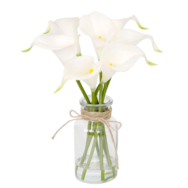 Flores artificiales Muhanjia Calla Lily con jarrón de cristal, 7 unidades, color blanco