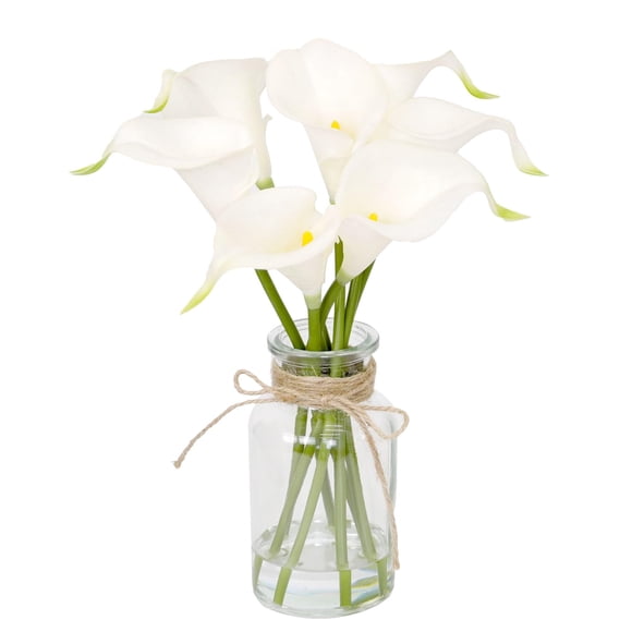 Flores artificiales Muhanjia Calla Lily con jarrón de cristal, 7 unidades, color blanco