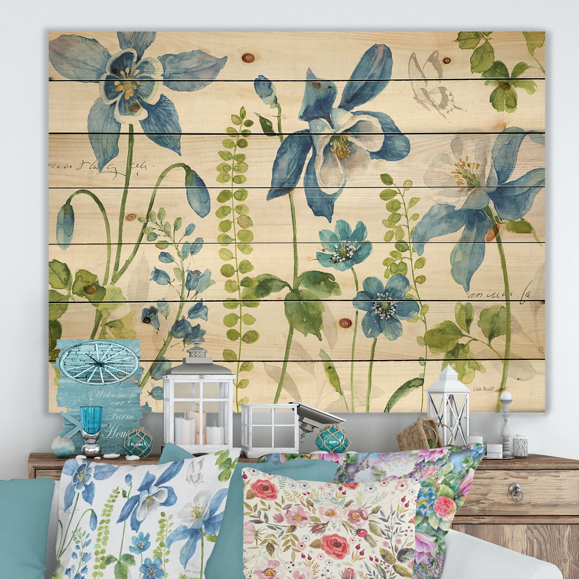 Designart 'Columbine Wild Flowers and Bluebell with Butterfly' Cabin & Lodge Print on Natural Pine Wood