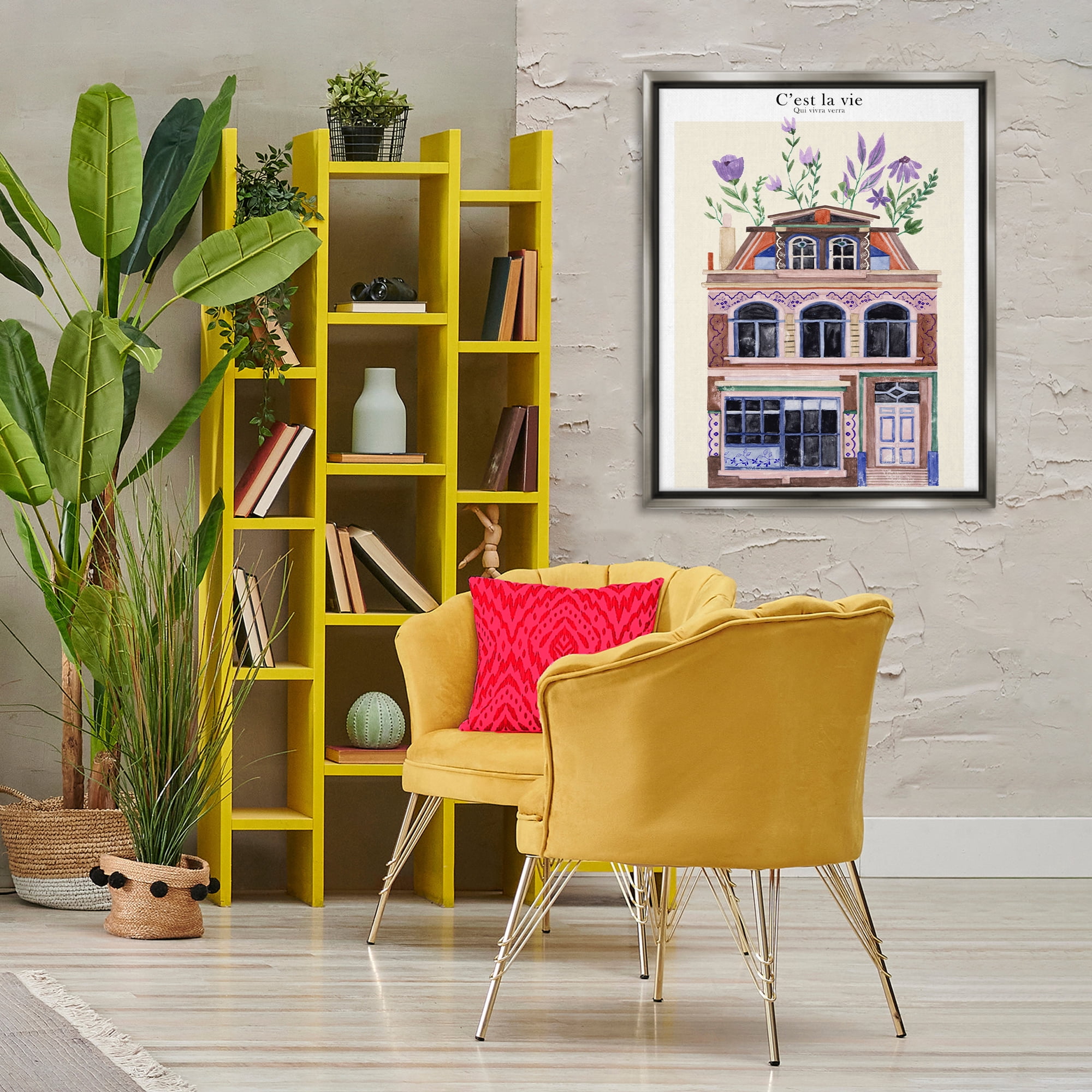 Stupell Industries Town Architecture with Blooms Buildings & Architecture Painting Gray Floater Framed Canvas Art Print Wall Art, 25 x 31